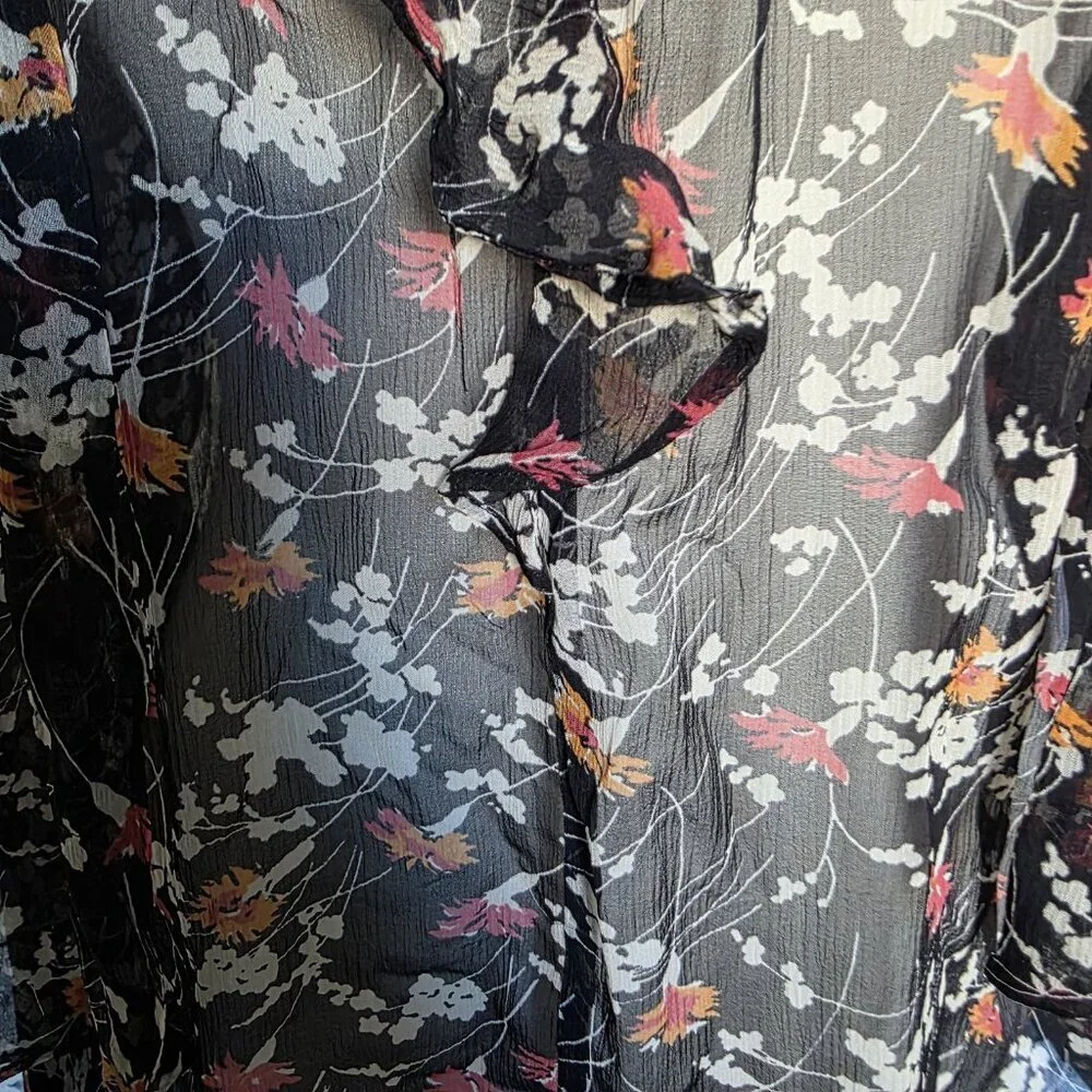 Joie Black Pink Silk Sheer Floral Ruffle Tie Neck Blouse Size M Boho Romantic - Picture 8 of 14